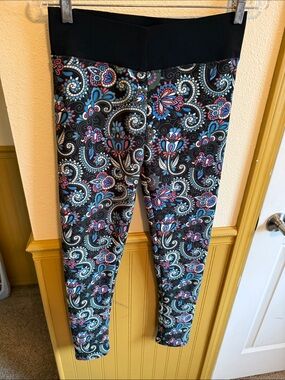 Printed Paisley Fleece-lined Leggings with Black Waistband - Black / Multicolor